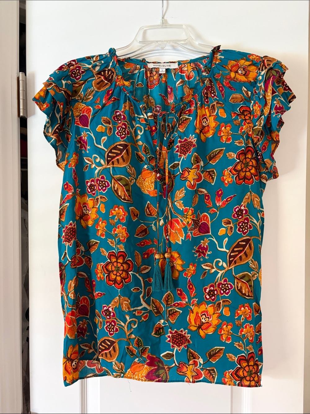 Olive & Oak Teal Floral Tassel Tie Ruffle Sleeve Blouse